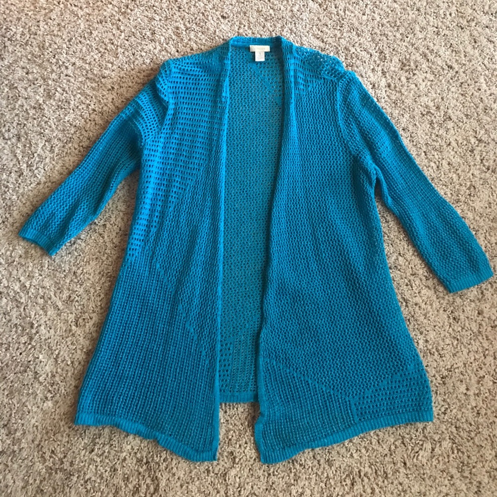 Chico’s turquoise long-sleeved sweater, size 1.